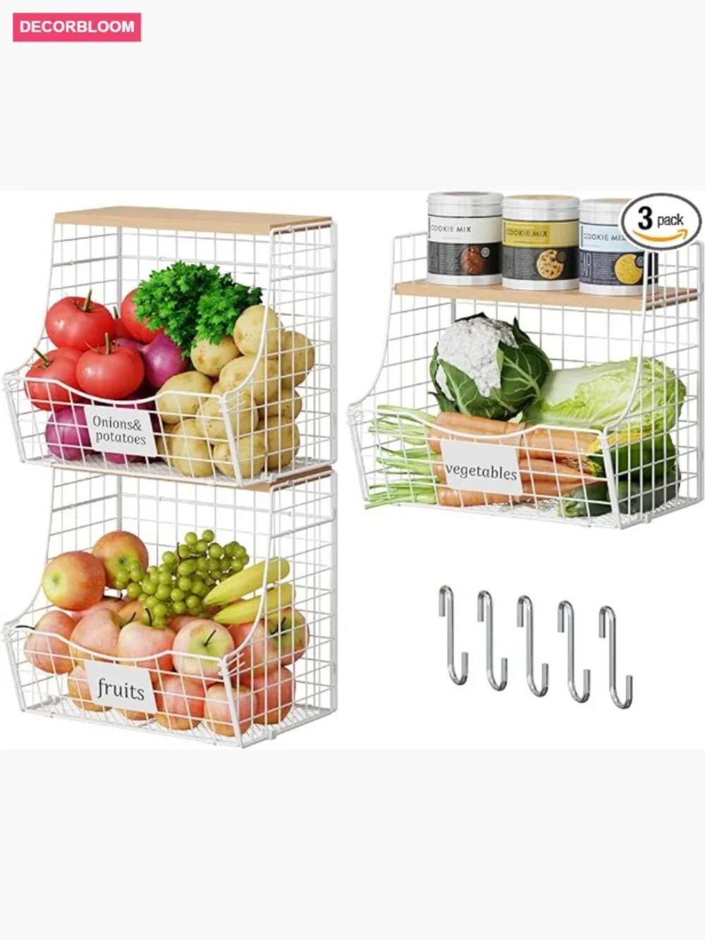 3 Tier Hanging Fruit Basket Stackable with Wood Lid, Kitchen Storage